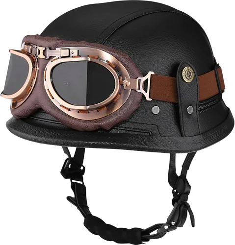 Yesmotor - Casco de media cara estilo retro alemán de cuero hecho a mano con hebilla de liberación rápida y gafas protectoras - Aprobado por DOT