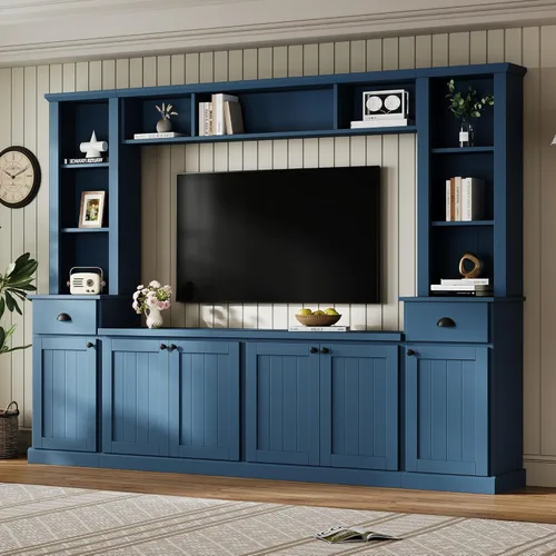 Miniatura 9 de Merax Minimalist 103" Entertainment Wall Unit Set with Overhead Bridge for TVs Up to 75", Modern Large Media Console with Adjustable Shelves, Ample