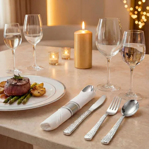 Miniatura 4 de WELLIFE 50 cubiertos de plástico plateado martillado para invitados, servilletas preenrolladas con cubiertos de plata, cubiertos desechables
