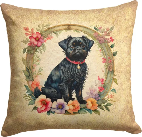 Caroline's Treasures DAC2072PW1414 Affenpinscher and Flowers - Almohada decorativa de tela, lavable a máquina, para interiores y exteriores, para