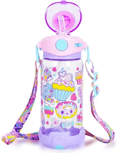 Miniatura 19 de Botella de agua para niños con pajita/cordón para niños de la escuela, niños y niñas, 22 oz / 650 ml, sin BPA, botella de agua para beber