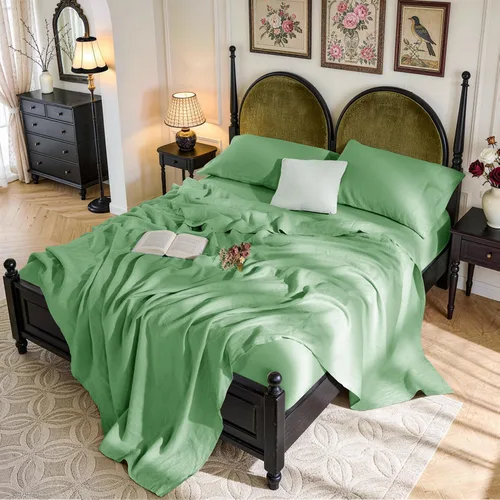 Miniatura 25 de SONORO KATE Sábanas de cama de lino francés 100% puro, tamaño Queen, sábanas de cama de lino transpirables y duraderas, antidesgarro, lavables a
