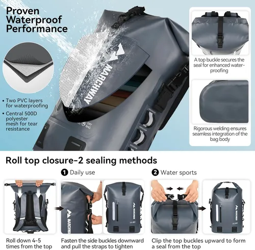 Miniatura 4 de MARCHWAY Mochila impermeable con parte superior enrollable, bolsa seca flotante de 20L/30L/45L con base rectangular ergonómica, espalda acolchada