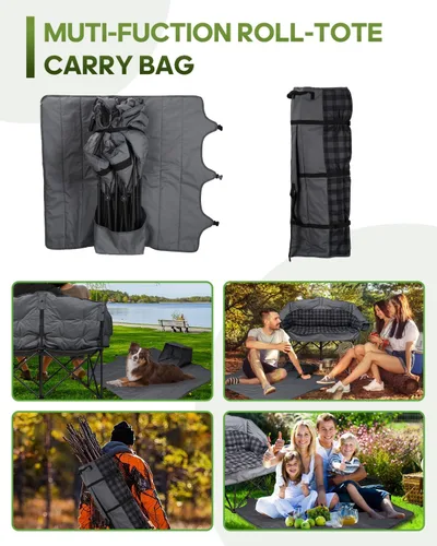 Miniatura 9 de Silla de campamento doble acolchada, sofá de campamento de gran tamaño para 2 personas con bolsa de transporte 2 en 1, silla de césped plegable Gris