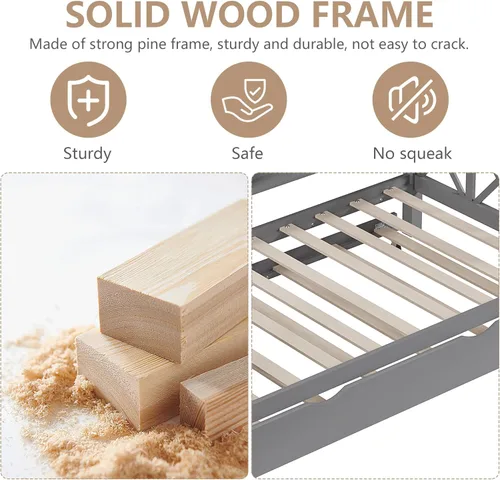 Miniatura 5 de Cama Full House con nido y estante de almacenamiento para niños, marco de cama de madera tamaño full con barandillas del techo y cabecero