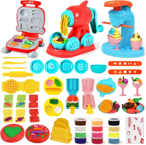 SOCBTNSO Juego de masa 3 en 1, 59 piezas para niños de 4 a 8 años, kit de herramientas de masa con máquina para hacer helados, fideos y