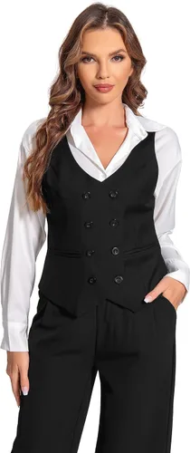 Miniatura 4 de Foucome Chaleco de traje para mujer con doble botonadura con cuello en V a la moda, elegante chaleco casual para mujer