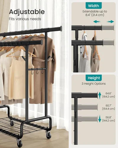 Miniatura 4 de SONGMICS Perchero de Ropa, Perchero de Ropa Rodante de Servicio Pesado con Ruedas, Barras Colgantes Dobles Extensibles y Altura Ajustable, Portátil