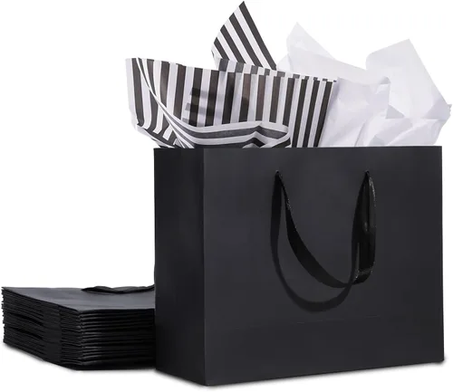 Miniatura 12 de Bolsas de regalo negras extragrandes de 15.7 pulgadas para regalos con papel de seda y asas de cinta para compras, pequeñas empresas, fiestas