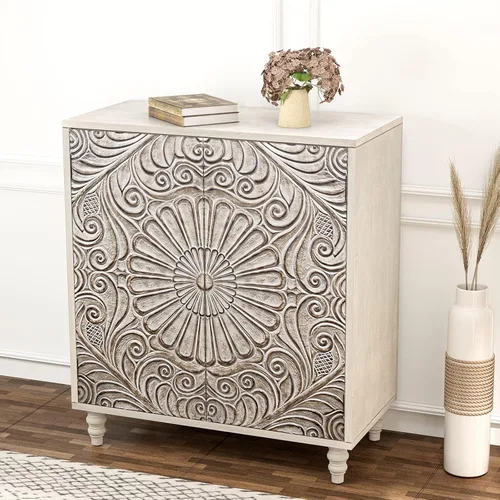HOMPUS Armario vintage de 32 pulgadas con puertas y estante, aparador de buffet decorativo rústico bohemio con acabado de grano de madera, armario