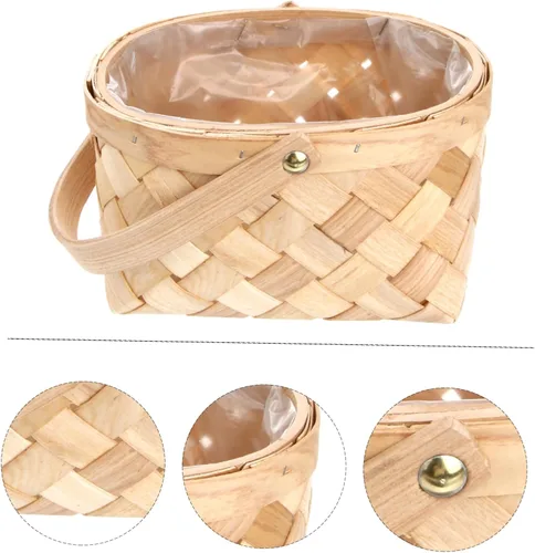Miniatura 8 de Cabilock Cesta de Pascua Cesta de mano simple Cesta de picnic Astillas de madera tejida Cesta de almacenamiento de virutas de madera Cesta
