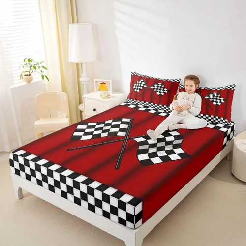 Miniatura 6 de Erosebridal Sábana bajera ajustable individual de bandera de coche de carreras para niños, sábanas de bandera de cuadrícula de búfalo blanco