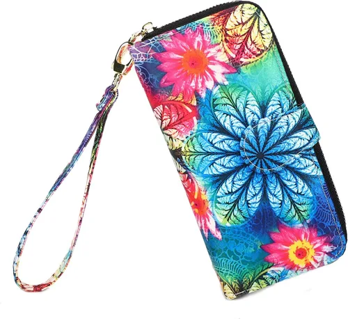 Miniatura 104 de Cartera de mano para mujer, estilo bohemio, con RFID, elegante, espaciosa con correa para viajes, capacidad para tarjetas, teléfono, dinero
