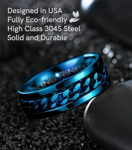 Miniatura 58 de King Ring Anillo giratorio de 0.315 pulgadas, anillo plano pulido fino para hombres y mujeres con cadena cubana, diseñado en Estados Unidos