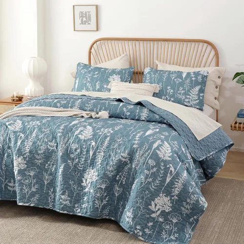Miniatura 13 de JANZAA Juego de colcha tamaño Queen de 3 piezas con patrón floral, de microfibra ligera, ropa de cama reversible, 1 colcha y 2 fundas de almohada
