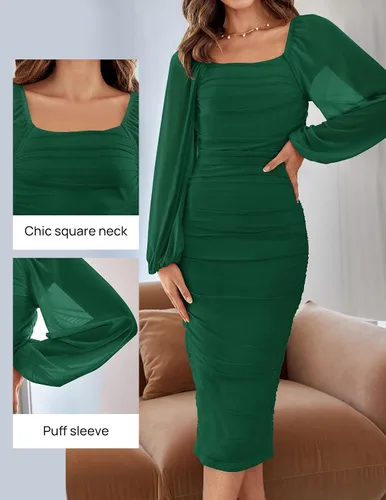 Miniatura 3 de ZESICA Vestido midi sexy y fruncido para mujer 2024, manga larga, cuello cuadrado, espalda descubierta, cóctel, fiesta, boda