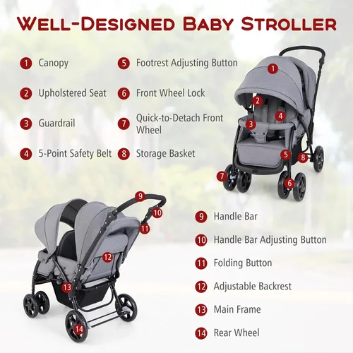 Miniatura 7 de HONEY JOY Cochecito Doble, Plegable Ligero para Bebés Gemelos con Asientos en Tándem, Arnés de 5 Puntos, Asiento Reclinable, Cesta de Gris