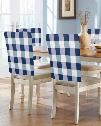 Miniatura 16 de Juego de 4 fundas para respaldo de silla a cuadros de color blanco crema, fundas extraíbles lavables para sillas de comedor, modernas, geométricas