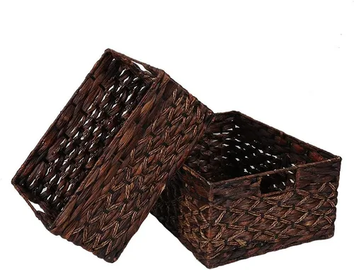 Miniatura 5 de Cesta rectangular tejida de jacinto de agua, cesta de almacenamiento oscura con asas interiores, estantes de cocina, escritorio de oficina