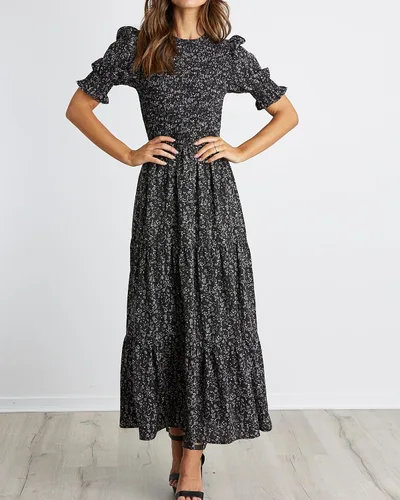 Miniatura 124 de BTFBM Vestidos para mujer, cuello redondo, casual, de verano, con volantes, manga corta, bohemio, con niveles, fruncido, largo, con estampado floral