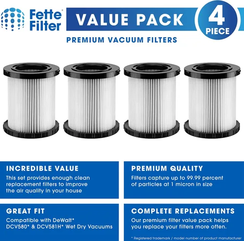 Miniatura 2 de Fette Filter - Filtros de repuesto para aspiradora en seco y húmedo compatibles con aspiradoras DeWalt DCV580 y DCV581H (4 unidades)