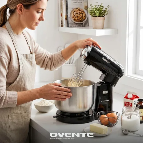 Miniatura 4 de OVENTE Batidora eléctrica de pie con cuenco de acero inoxidable de 3.5 cuartos de galón, mezclador de cocina portátil y ligero de 5 velocidades