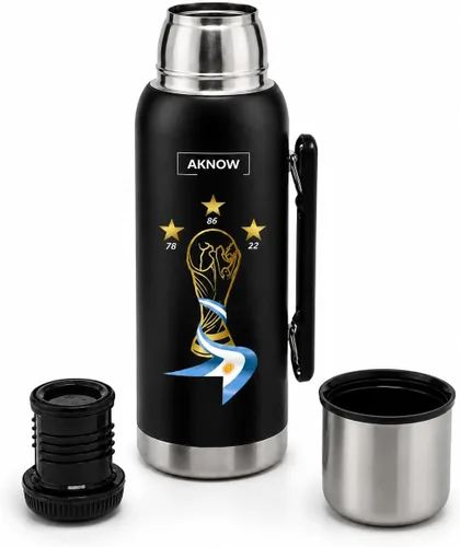 Miniatura 2 de Thermo Argentino mate agua Copa del Mundo Botella de acero inoxidable con bandera argentina 1LT (negro)