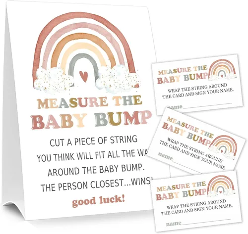Miniatura 7 de Letrero de Baby Shower Games Measure the Baby Bump, How Big is Mommy's Belly Party Favors, cartel de pie Kraft de 5 x 7 pulgadas y 50 tarjetas