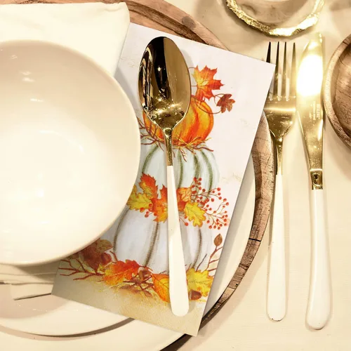 Miniatura 7 de Quera - 100 servilletas de papel para invitados de Acción de Gracias, calabazas, servilletas de papel desechables de otoño, toallas de mano de papel