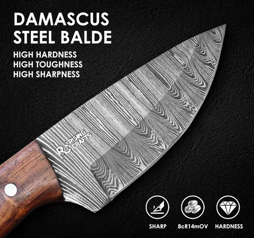 Miniatura 6 de Cuchillo de caza, hoja fija con vaina, desolladora táctica, supervivencia, hecho a mano, cuchillo de campamento de Damasco, cuchillo de espiga