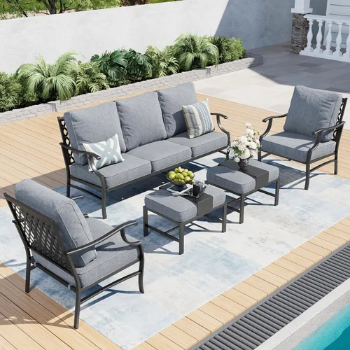 Miniatura 39 de SUNSHINE VALLEY Juego de muebles de patio, 4 piezas de muebles modernos de metal para exteriores, sofá de 3 plazas, 2 sillas mecedoras, mesa