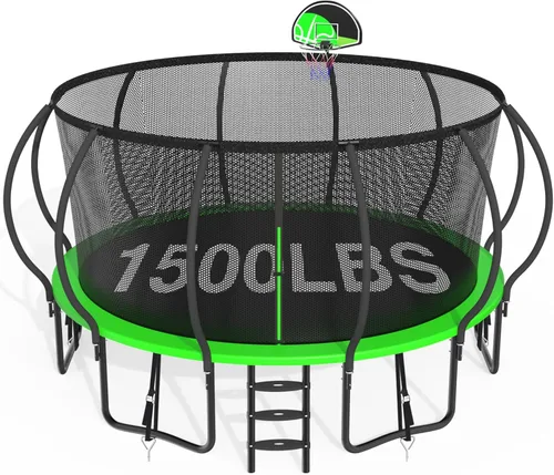 Miniatura 9 de Trámpolines de 1500 libras 8 10 12 14 15 16 pies para niños y adultos con red de protección, estacas para viento, aro de baloncesto, trámpolines