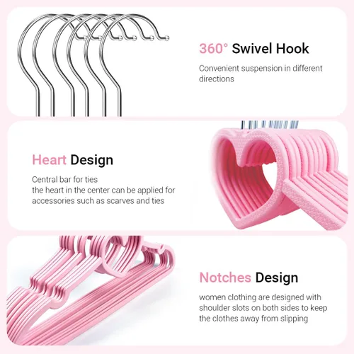 Miniatura 5 de Perchas de plástico de 30 unidades, lindas perchas en forma de corazón ultra delgadas que ahorran espacio con gancho giratorio de 360 grados y 10