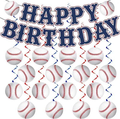 KORHONEN Decoraciones de fiesta de cumpleaños de béisbol, pancarta de feliz cumpleaños y espirales colgantes para decoraciones de fiesta temática de