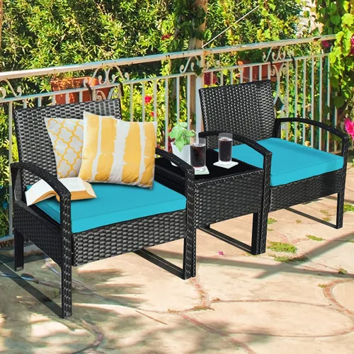 Miniatura 9 de RELAX4LIFE Juego de 2 sillas de patio con mesa auxiliar, juego de 3 sillas de porche con cojines extraíbles y mesa de cristal, sillas de mimbre