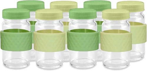 Botellas de jugo en porciones, de vidrio, transparentes, 2 onzas, con tapas de colores y bandas de agarre de silicona, para almacenamiento de Verde