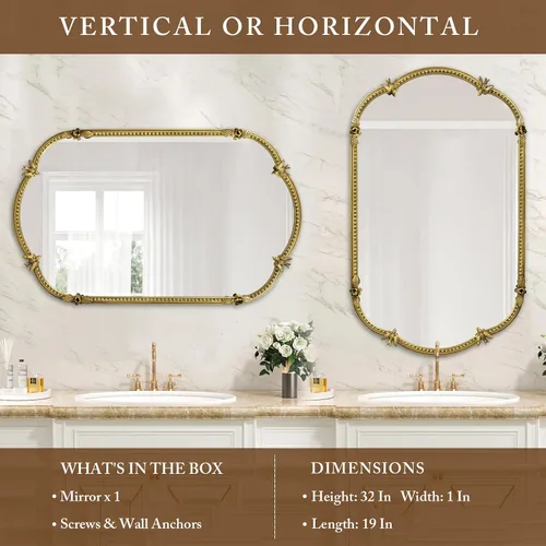 Miniatura 3 de Espejo de pared ovalado dorado de 19 x 32 pulgadas, espejo decorativo con marco de cuentas de metal, bonito patrón de pájaros y flores, espejo