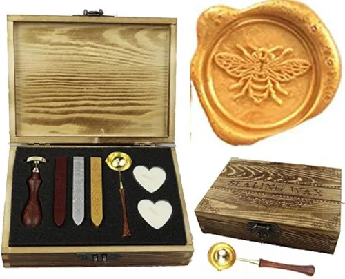 Sello de cera de abeja, caja de regalo de madera vintage, juego de embalaje, palillos de cera de sellado, cuchara de fusión, vela, invitación de