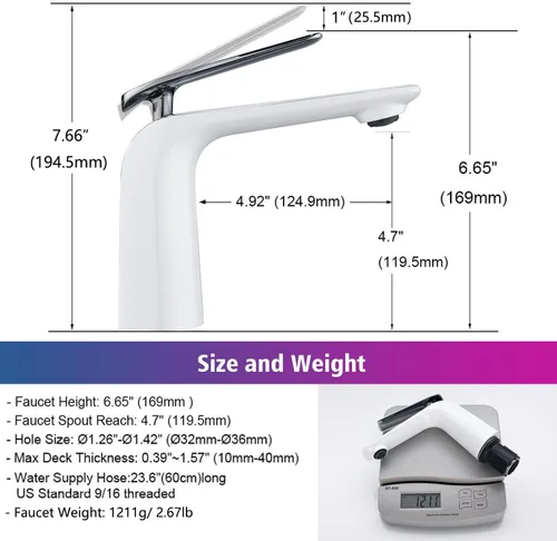 Miniatura 6 de TOCALOCA Grifo de lavabo de baño cromado blanco y pulido, grifo mezclador de agua fría y caliente, grifo de lavabo de una sola palanca Blanco
