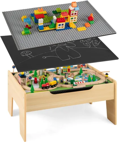 Miniatura 12 de HONEY JOY Mesa de tren, mesa de actividades de madera para niños con cajón de almacenamiento, 100 piezas multicolores, pistas, trenes, autos, juego