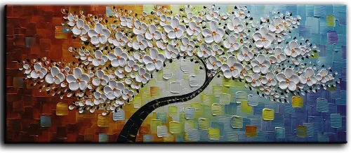 Miniatura 19 de YaSheng Art - Pintura al óleo de arte contemporánea hecha a mano de flores blancas en lienzo con textura 3D, pinturas de árbol abstractas