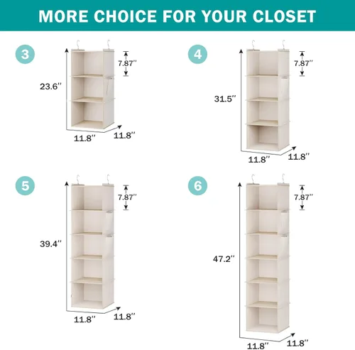 Miniatura 5 de YOUDENOVA Organizador colgante de armario, estantes de almacenamiento colgantes de 3 repisas, beige