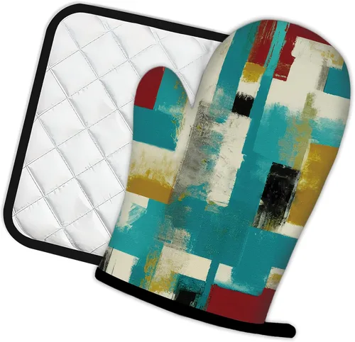 Miniatura 2 de Pintura con guantes de horno y soportes para ollas, color rojo, blanco, negro y amarillo, juego de 2 piezas, almohadilla resistente al calor