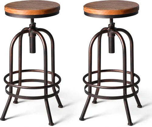 Miniatura 14 de Taburete de bar industrial, de 26 a 32 pulgadas, ajustable, giratorio, de piel sintética, taburete de bar con reposapiés, para cocina, comedor, pub