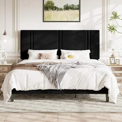 Miniatura 21 de Allewie Marco de cama de plataforma de tamaño matrimonial con cabecera ajustable, tapizado de terciopelo de felpa, canal vertical acolchonado, Negro