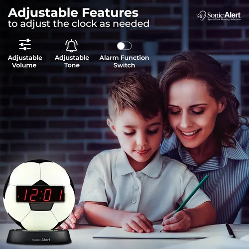 Miniatura 6 de Sonic Alert Reloj despertador con balón de fútbol con luz nocturna brillante, batería de reserva y atenuador de rango completo, reloj despertador