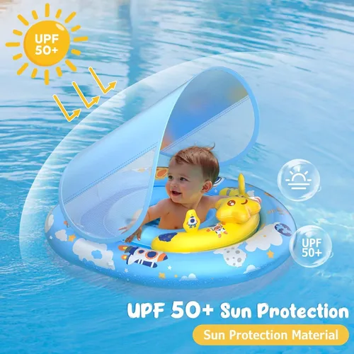Miniatura 2 de WayEee Flotador de piscina para bebé con toldo UPF50+, flotador de natación inflable, asiento de seguridad ajustable, consola de juegos de juguete