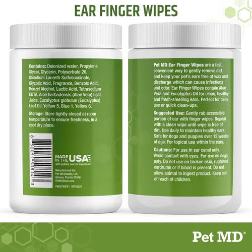 Miniatura 7 de Pet MD Toallitas limpiadoras de oídos para perros, limpiador ótico para perros, cuidado calmante de los oídos con aloe vera y eucalipto, toallitas