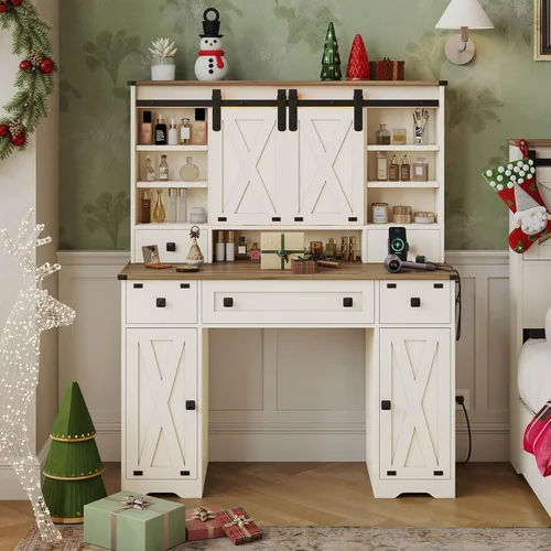 Miniatura 9 de Hasuit Escritorio de tocador de granja con espejo y luces, tocador de maquillaje blanco con estación de carga, espejo de tocador rústico con puerta