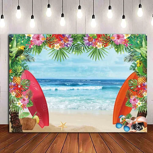 Miniatura 10 de HQM Fondo de fotos con temática de playa tropical de verano, 5 x 3 pies, tela para conchas de playa, Hawaii, flor de mar azul, para niños